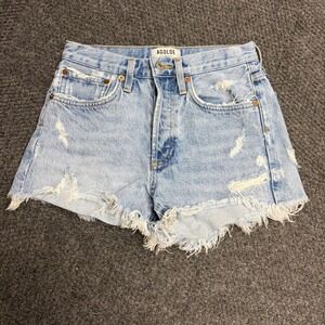 Agolde Parker High Rise Distressed Denim Shorts Light Wash Blue Size 23 Raw Hem